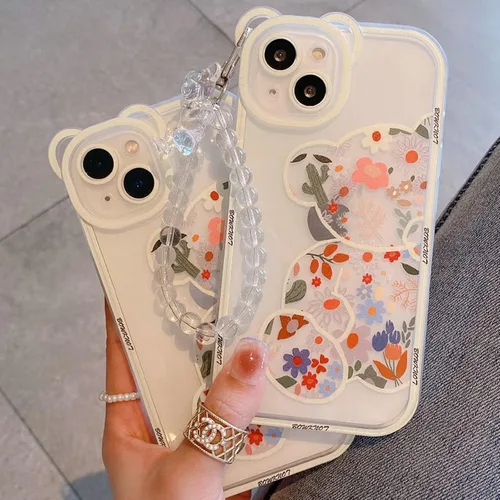 Vista 5 de Funda compatible con iPhone 8 Plus, bonito protector de cámara con diseño de oso de flores transparentes con bonita correa y cadena para niñas
