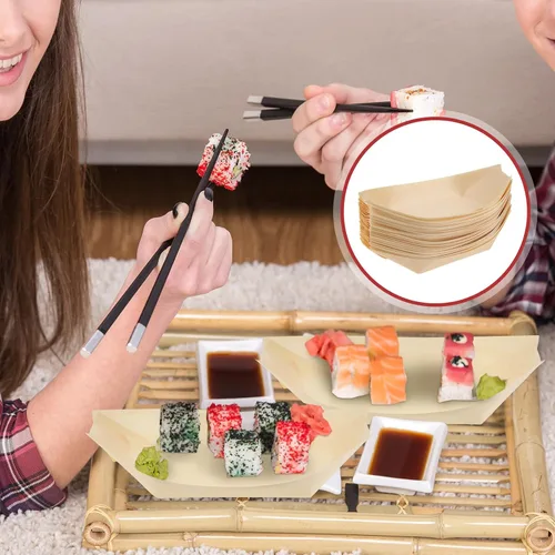 Vista 6 de Sliner 300 platos desechables de madera para barcos, platos de comida, barcos de madera, platos de sushi desechables a granel para catering y uso
