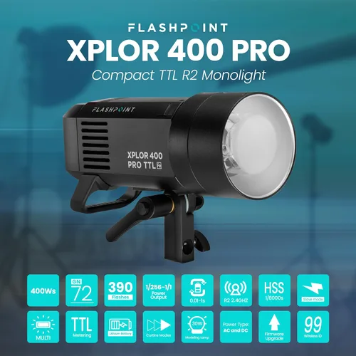 Vista 2 de Flashpoint XPLOR 400 PRO TTL - Luz estroboscópica HSS con batería de iones de litio con R2 integrado de 2.4 GHz, monolight inalámbrico Bowens Mount