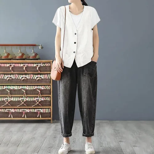 Vista 4 de COTECRAM Chaleco de lino de algodón para mujer, casual, sin mangas, con botones, ligero, para verano, holgado, ropa de abrigo