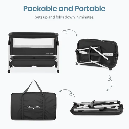 Vista 10 de Dream On Me Calypso - Cuna portátil plegable, color negro 7-Level Height Adjustable with Lockable Wheels, Aluminum Frame, Dual-Zone Storage Basket