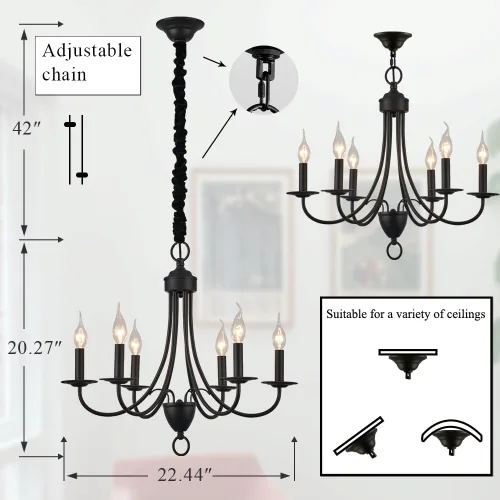 Vista 9 de Candelabro de granja negro de 6 luces, estilo rústico de luz industrial moderna, lámpara colgante para comedor, mesa de cocina, sala de estar
