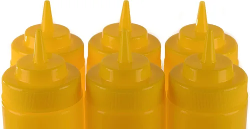 Vista 4 de Paquete de 4 botellas de plástico amarillo de 24 onzas para condimentos, salsas, aderezos, artes y manualidades, salsa de tomate, mostaza, aceite