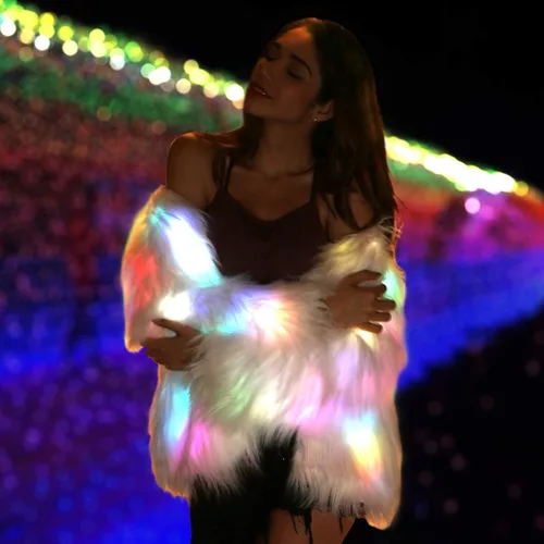 Vista 2 de Abrigo de piel LED para mujer chaqueta brillante con luz de arco iris disfraz de rave peludo blanco Blanco