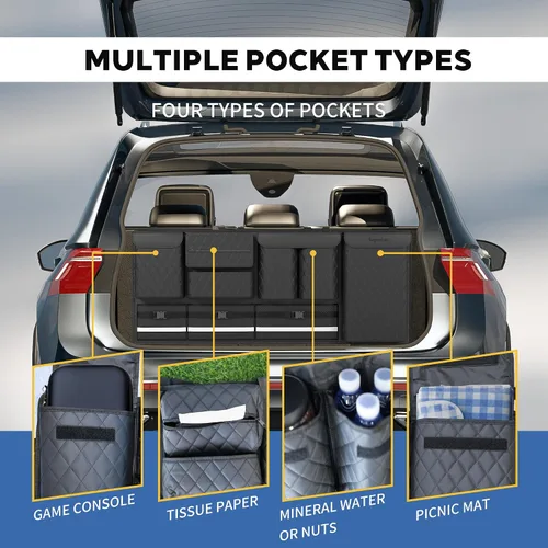 Vista 3 de Organizador Colgante para Asiento Trasero con Bolsas de Almacenamiento Grandes Cuero PU, Gran Capacidad Correas Ajustables, Impermeable