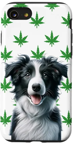 Vista 13 de iPhone 15 Black Border Collie Hemp Leaf Green & White Pattern Case