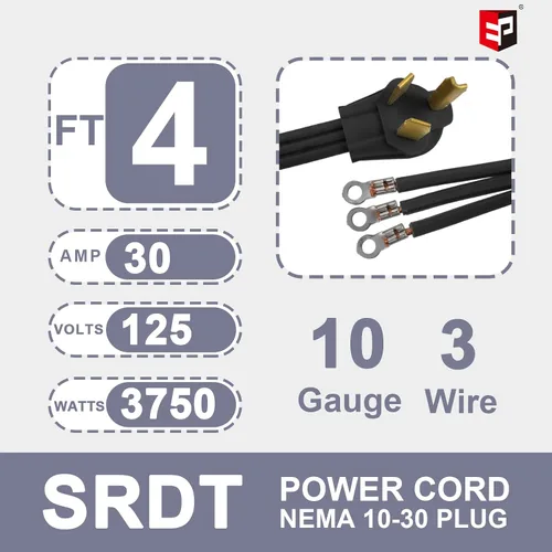 Vista 2 de EP Cable secador de 3 puntas, 4 pies 10/3 SRDT, cable de alimentación de extensión de electrodomésticos de 30 amperios, NEMA 10-30, negro