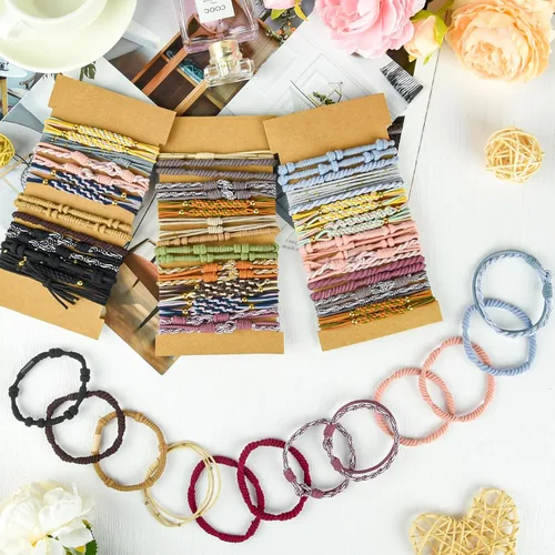 Vista 4 de Pulseras para el cabello para mujer, 24 piezas de accesorios para el cabello bohemio en 12 colores, 5 estilos, no dañan el cabello grueso Boho A