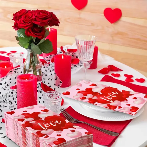 Vista 5 de AnyDesign - Paquete de 100 servilletas de papel desechables para el día de San Valentín, color rojo, rosa, corazón, globo, servilletas de papel