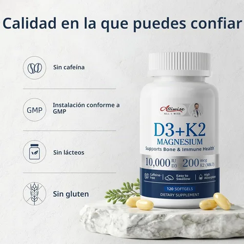 Vista 5 de Alliwise D3 K2 Vitamin 10000 IU with Magnesium Complex Softgels, 120 Count