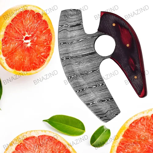 Vista 7 de Damascus Alaskan Ulu Cuchillo cortador de pizza Cuchillo balancín - Cuchillos de Damasco multiusos para desollar, cazar, cuchillo de cortar