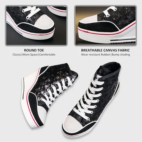 Vista 4 de Zapatos de lona de tacón alto para mujer, zapatos casuales de moda, tenis brillantes para caminar, plataforma, cuñas, zapatos de tacón