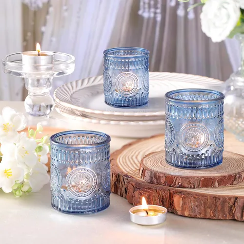 Vista 5 de MATAHUM 36 Piezas de Portavelas Votivos Azules, Portavelas de Cristal para Luz de Té para Centro de Mesa de Boda, Centro de Mesa, Decoraciones