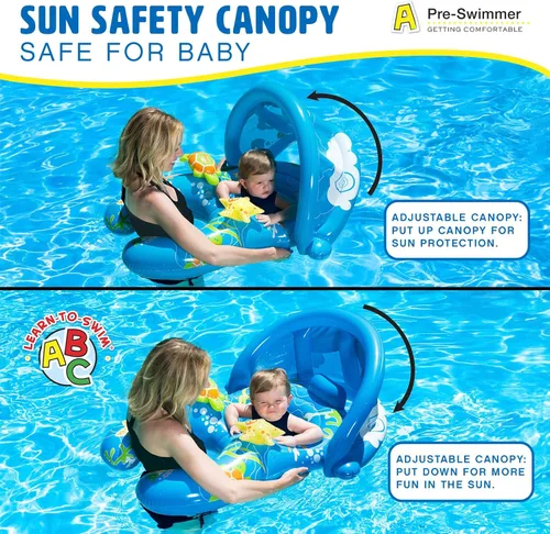 Vista 2 de Poolmaster Mommy and Me - Flotador para alberca para bebé Baby pool float with parent ring, drop seat, removable sun shade and easy inflation for