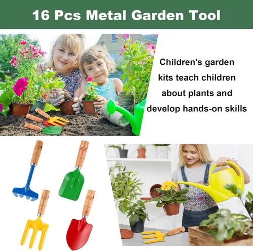 Vista 5 de 16 herramientas de jardinería de metal para jardín, playa, caja de arena para excavación, incluyendo pala, rastrillo, tenedor y pala, herramientas