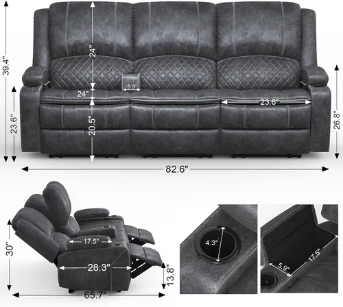 Vista 2 de Yolsali Sofá reclinable de 3 plazas, sofá reclinable manual con asiento central multifuncional, sofá reclinable para sala de estar con espacio