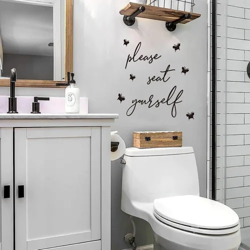 Vista 4 de Divertidas calcomanías de pared con texto en inglés «Please Seat Yourself Bath», letrero de vinilo con texto en inglés «Please Seat Yourself»