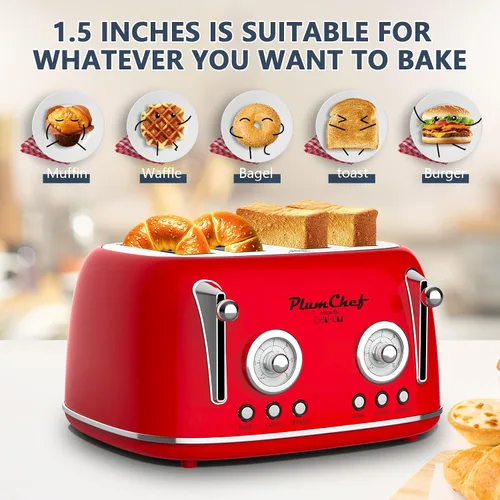 Vista 5 de Tostadora de ranura larga extra ancha de 4 rebanadas, bandeja extraíble para migas, 6 ajustes de tostado, funciones de bagel/descongelación, 1650 W