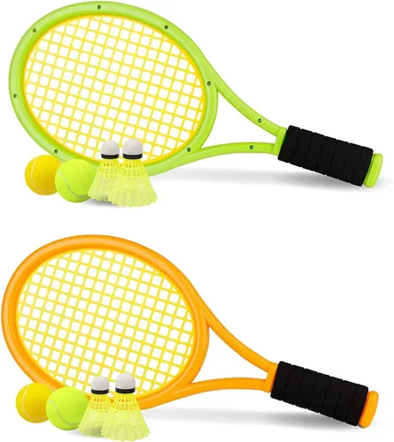 Vista 9 de Raqueta de tenis para niños con bolsa, raqueta de plástico incluye 2 bolas de espuma, 2 pelotas de tenis, 4 bádminton para niños, juegos deportivos