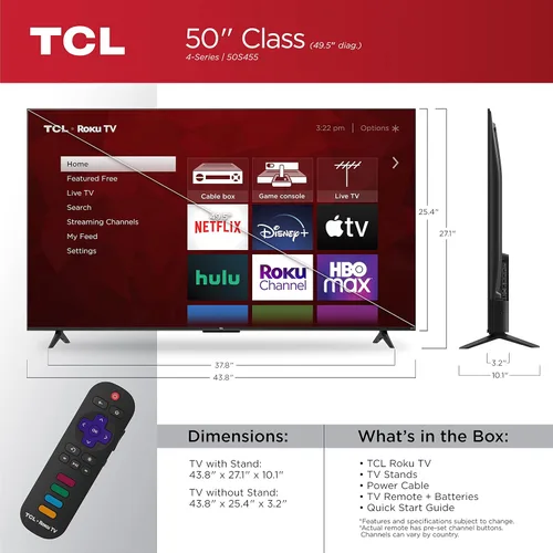 Vista 4 de TCL 50S455, modelo 2022 - Class 4-Series, Smart TV, Roku, resolución 4K UHD HDR, de 50 pulgadas