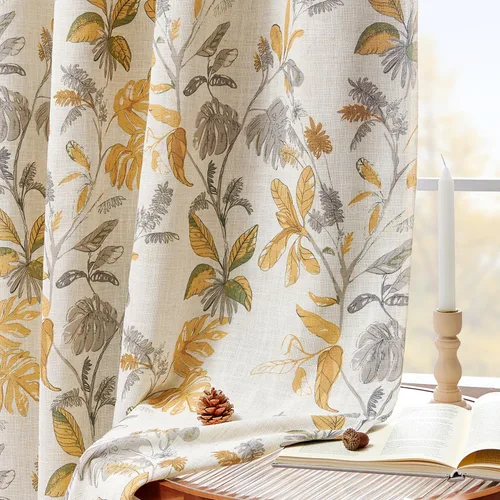 Vista 10 de Jinchan Cortinas de lino para sala de estar de 63 pulgadas de largo, con estampado de hojas tropicales, cortinas botánicas de lino estilo rústico