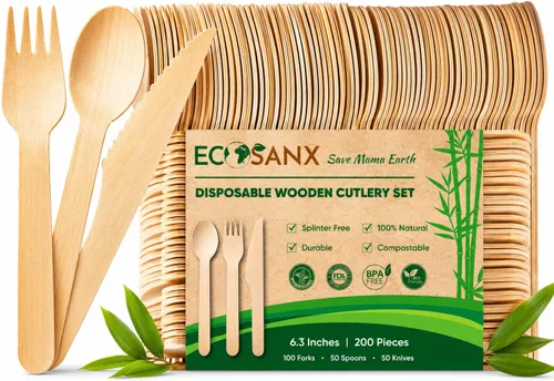 Vista 8 de ECOSANX® 120 piezas de tenedores de madera para comer de 16.5 cm libres de astillas, compostables, juego de cubiertos de madera ecológico