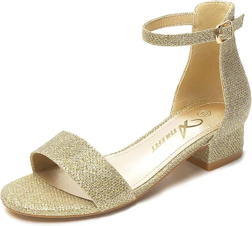 Vista 49 de Athlefit Sandalias para niñas, puntera abierta, correa en el tobillo, tacones bajos, zapatos de vestir para niñas pequeñas y grandes