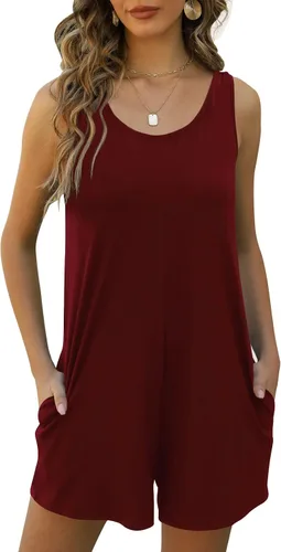 Vista 2 de Qnasey Mameluco corto casual de verano para mujer, con cuello redondo, sin mangas, con bolsillos