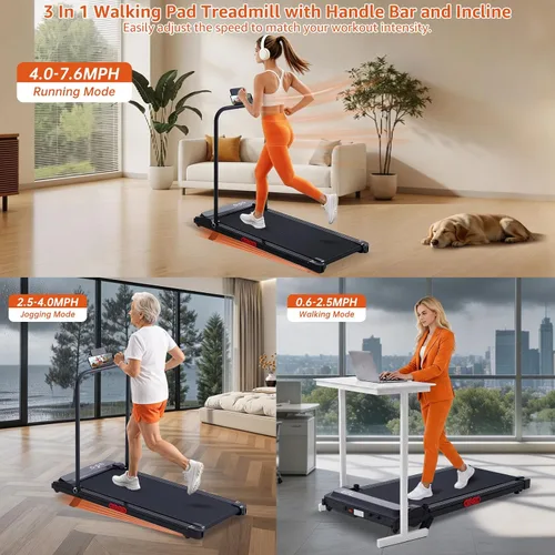 Vista 10 de Walking Pad Treadmill with Handle Bar, 3.0HP Portable Electric Treadmills for Exercising, 0.6-7.6MPH Mini Walking Pad Treadmill with Incline, Under