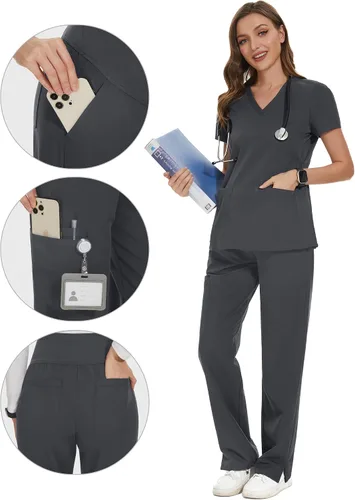 Vista 3 de POSHGLAM Pantalones médicos de maternidad para mujer, pantalones de trabajo, estilo casual, pantalones de embarazo, S-XXL
