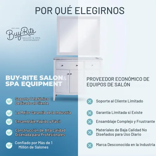 Vista 6 de Buy-Rite Denali - Estación de peluquería de salón de 42 pulgadas y espejo de 40 x 36 pulgadas, acabado blanco, madera maciza, encimera de cuarzo