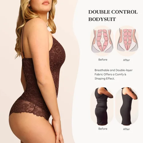 Vista 2 de Popilush Lace Shapewear Bodysuit V Neck Tummy Control Backless Tank Tops Sleeveless Thong Bodysuit