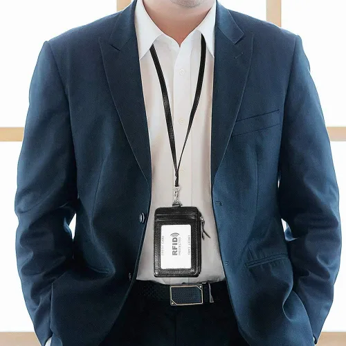 Vista 5 de plplaaoo Soporte para tarjetas, bloqueo RFID, identificación de piel de vaca, collar vertical con cordón, ranura transparente de alta definición
