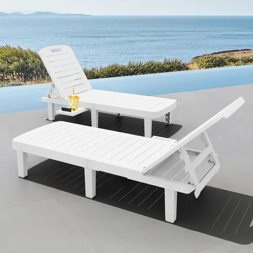 Vista 9 de CDCASA Chaise Lounge al aire libre, sillas de piscina multifuncionales con 5 posiciones ajustables y bandeja lateral, salas de resina impermeables