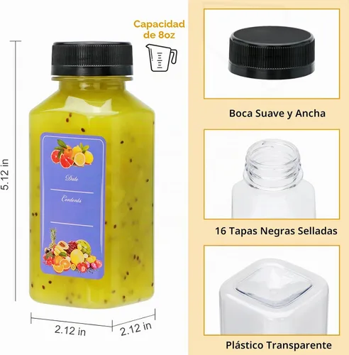 Vista 3 de Accguan - 54 botellas de plástico para jugo de 8 onzas con tapas negras, botellas de plástico
