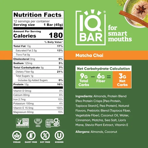 Vista 6 de IQBAR Clean Plant - Barras de proteínas – Nuez de plátano, Matcha Chai, arándano silvestre, paquete de 12 unidades – Keto, vegano, alto en fibra