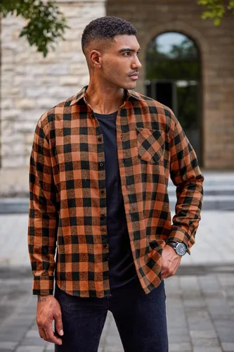 Vista 3 de COOFANDY Camisas de franela a cuadros de manga larga con botones para hombre
