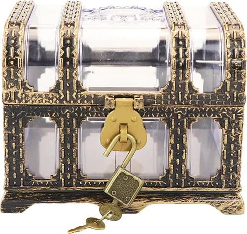 Vista 8 de Cofre del tesoro pirata para niños: pequeña caja del tesoro con cerradura y llave, caja de colección vintage de plástico para almacenamiento