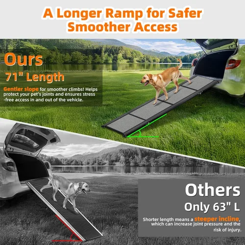 Vista 2 de Rampa para Perros para Coche 𝟕𝟏”𝐱𝟐𝟎” Grandes Rampas de Escalones Plegables para Mascotas para Camiones, SUV, con Superficie Antideslizante, Hasta
