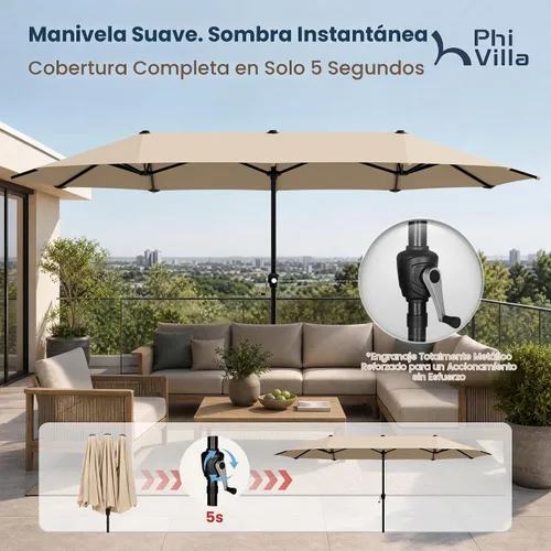 Vista 4 de PHI VILLA Sombrilla Grande de Patio de 13 Pies de Doble Cara Gemela para Mercado Exterior con Manivela, Beige