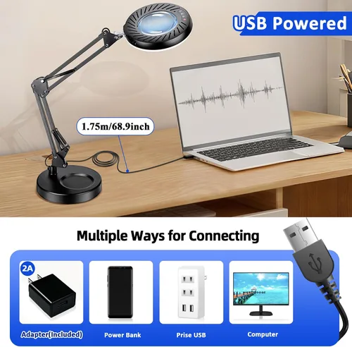 Vista 8 de Akynite 12 lupas con luz y soporte, lámpara de escritorio con lupa de cristal real de 144 LED con base y abrazadera, 5 modos de color, lupa
