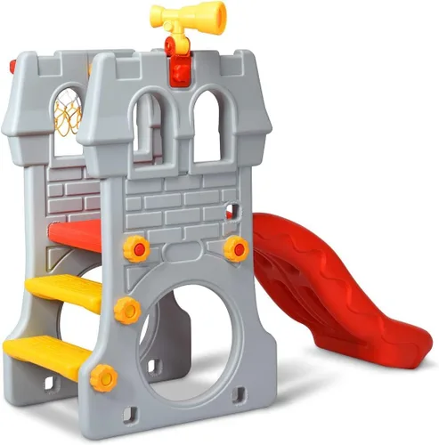 Vista 7 de OLAKIDS Tobogán 5 en 1 para niños pequeños, escalador de patio de juegos para interiores y exteriores con tobogán, aro de baloncesto, telescopio