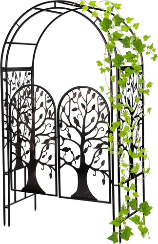 Vista 7 de Estructura de arco de jardín al aire libre de metal de Plow & Hearth, de 84 pulgadas de alto, entramado de celosía de hierro para plantas Rojo