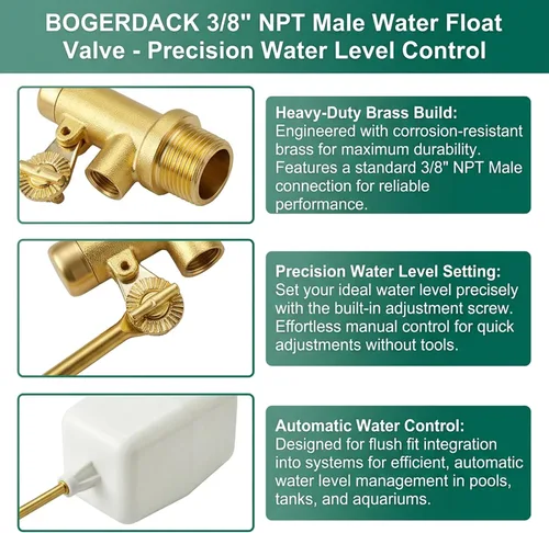 Vista 4 de Válvula de flotador de agua macho NPT de 3/8 pulgadas, válvula de control de nivel de agua automática de llenado y agua, con brazo ajustable