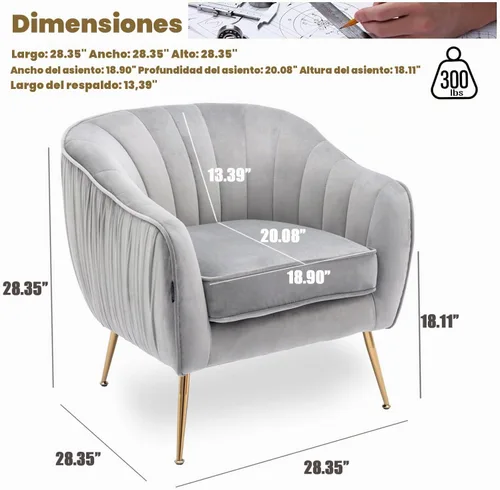 Vista 2 de Silla decorativa de terciopelo, Silla moderna de barril, Sillones de brazo para sala de estar, acabado dorado, gris