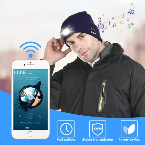 Vista 2 de Tutuko Gorro unisex Bluetooth con luz, micrófono de altavoz integrado, gorra de faro con auriculares, regalo técnico para hombres y mujeres