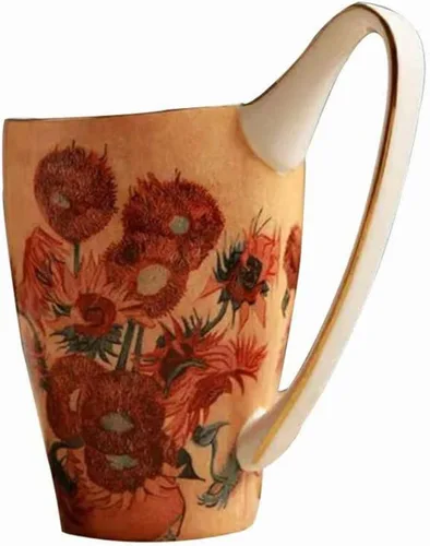 Vista 10 de Taza de café de porcelana de hueso YBK Tech, taza grande de 16oz de té - Diseño inspirado en las pinturas de Van Gogh (flor de albaricoque)