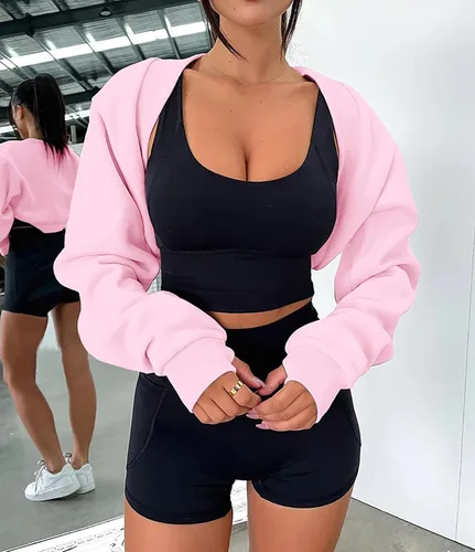 Vista 2 de MISSACTIVER Sudadera de manga larga con agujero para el pulgar, bolero, parte superior abierta, forro polar, ajuste holgado, para entrenamiento