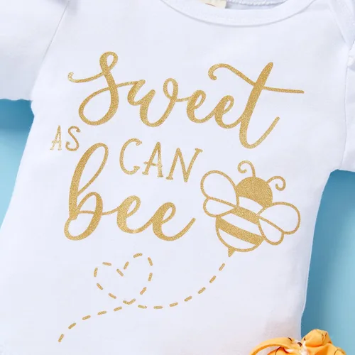 Vista 5 de Conjunto de ropa de abejorro con estampado de letras pantalones de miel y abejas con lazo diadema amarillo 2