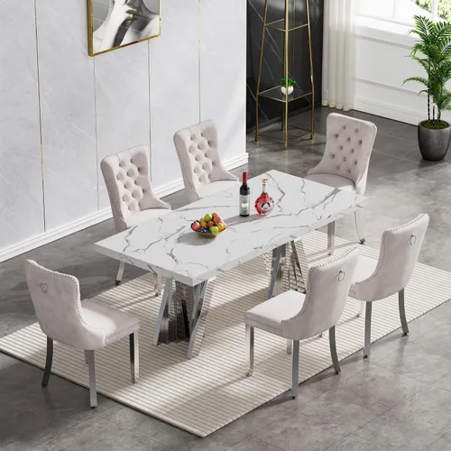 Vista 66 de Juego de 5 mesas de comedor, juego de mesa de cocina y comedor para 4, mesa de comedor rectangular de mármol sintético negro de 70 pulgadas con base